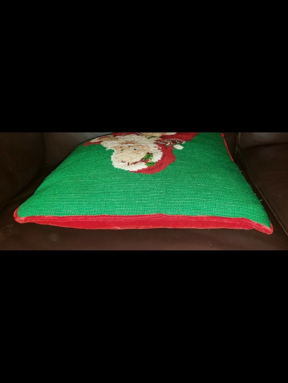 Vintage Mischievous Looking Santa With Jester/Clown Toy Needlepoint Pillow